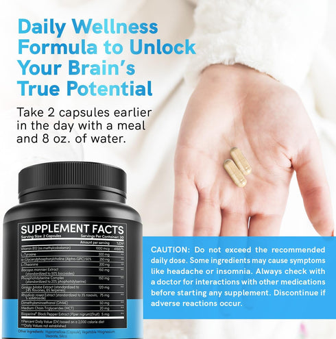 11-in-1 Nootropic Brain Supplements: Memory & Focus with Ginkgo Biloba, L Theanine, Bioperine, 60ct