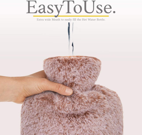 Qomfor 2L Hot Water Bottle - with Soft Premium Fleece Cover - Dusky Pink, - Heating Pad for Menstrual Cramps and Period