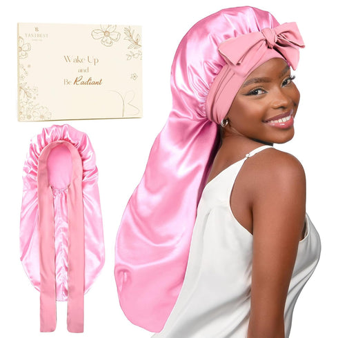YANIBEST Silk Bonnet for Sleeping, Braid Bonnet for Long Hair with Tie Band, Satin Cap for Women Pink