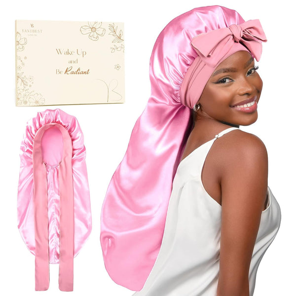 YANIBEST Silk Bonnet for Sleeping, Braid Bonnet for Long Hair with Tie Band, Satin Cap for Women Pink
