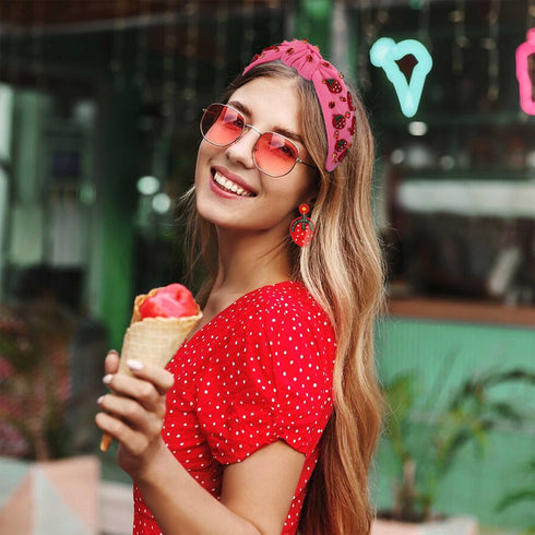 Strawberry Headbands for Women, Tropical Fruit Embellished Rhinestone Crystal Wide Top Knot Headband, Summer Hair