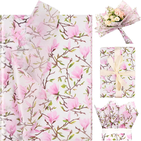 100 Sheets Pink Magnolia Flowers Printed Tissue Paper, Floral Pattern and Leaves Art Decorative Tissue for Gift Wrapping