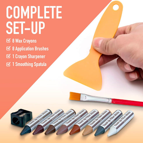 Set 34, Furniture Repair Kit of Wood Scratch Repair Markers, Wax Crayons and Wood Filler with Brushes and Sharpener