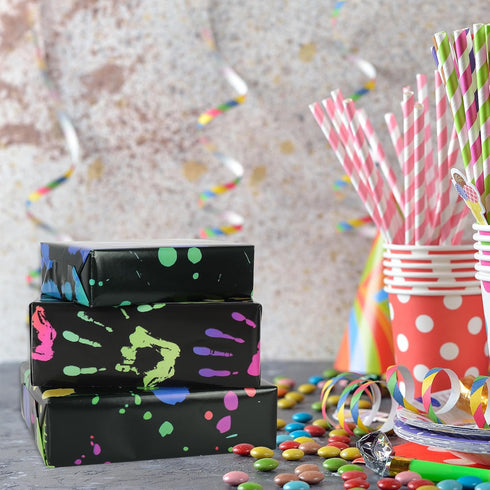 AnyDesign 12 Sheet Colorful Wrapping Paper, 4 Designs Black Neon Art, 19.7 x 27.6 Inch for DIY Gift Wrap