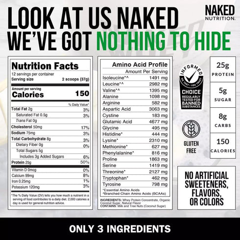 Naked Vanilla Whey Protein 1Lb: All Natural Grass Fed Whey Powder with Vanilla & Coconut Sugar, 12 Servings, GMO-Free