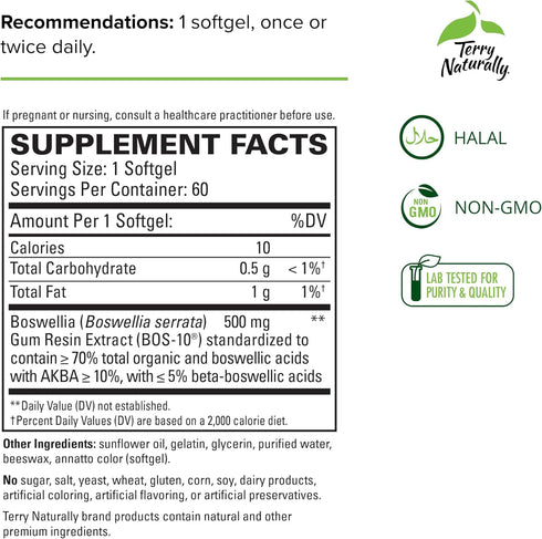 Terry Naturally BosMed 500 mg - 60 Softgels - Extra Strength Boswellia Supplement, Non-GMO, Gluten Free