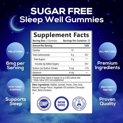 Melatonin Sleep Gummies Sugar Free - Natural Melatonin Sleep Gummies for Adults, Extra Strength Sleep Gummy Supplements, Sleeping Support Vitamin Dietary Supplement, Vegan, 6 mg - 60 Sleep Gummies