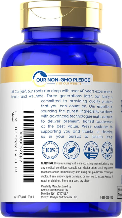 Carlyle Stress B-Complex Vitamin Supplement | 180 Caplets | with Vitamin C | Non-GMO, Gluten Free