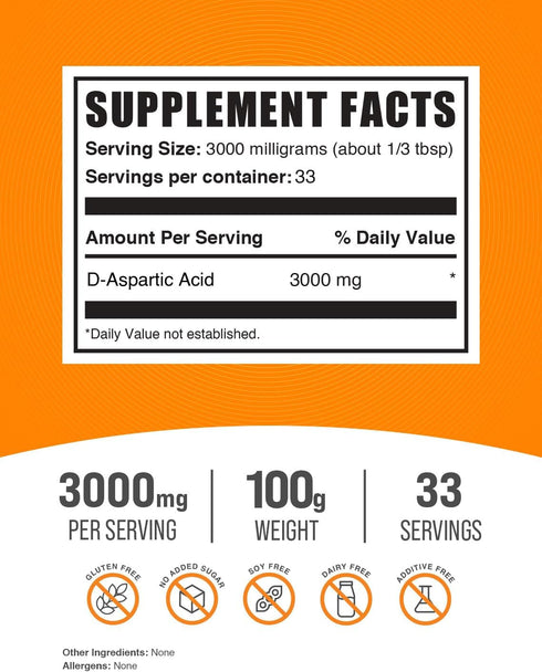BulkSupplements.com D-Aspartic Acid Powder - DAA Supplement for Men & Women, 3000mg, 100g (3.5 oz)