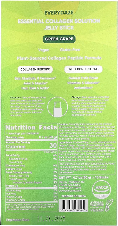 EVERYDAZE Essential Collagen Solution Jelly Stick | Vegan Collagen Peptide | Green Grape | 10 Packs | Hair, Skin, Nails, Beauty, Bone, Joint Health | Vitamins, Minerals, Antioxidants for Men & Women