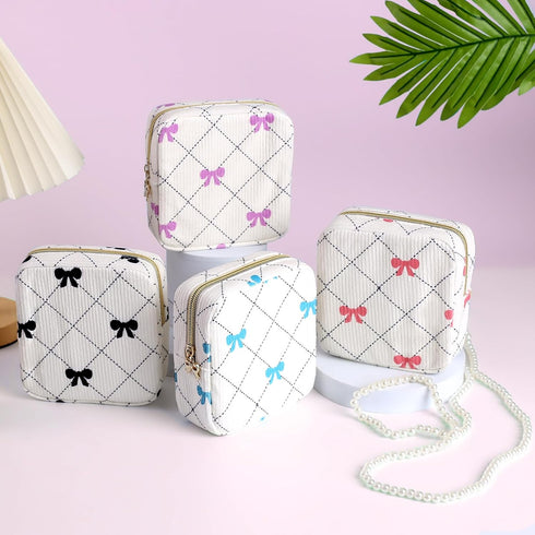 Teircno Period Bag for Women - Cute Corduroy Sanitary Napkin Storage Bag with Bow Design | Period Pouch for Daily Use