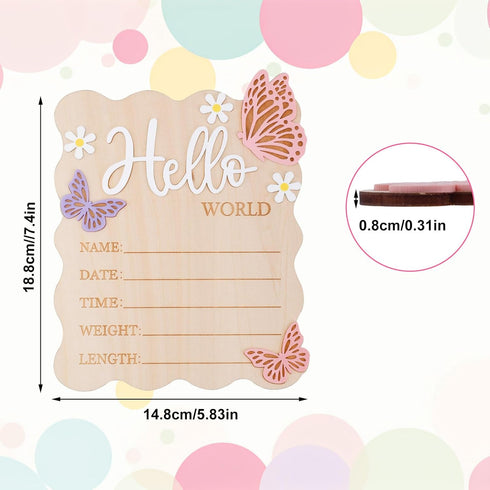 lasuroa Butterfly Daisy Hello World Newborn Sign, Wooden Baby Birth Announcement Board Newborn Welcome Decoration