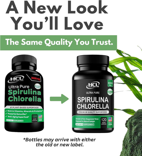 Chlorella Spirulina Powder Capsules - Organic 3000 mg Purest Blue Green Algae, Best Natural Detox Superfood