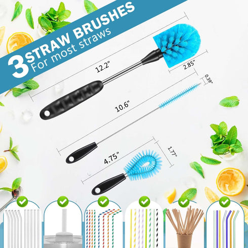 Rkddo 12.2 inch Set 3-in-1 Bottle Brush of ThreeWashable Coffee Cups, Water Bottles, Baby Bottles, Straws, to-go Cups