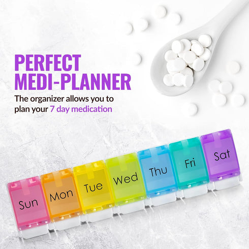 Weekly Pill Organizer, Pack of 2, Colorful 7-Day Easy Push Button Assisted Open for Seniors, BPA Free Daily Travel Pill