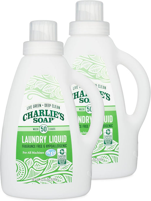 Charlie’s Soap Laundry Liquid, 50 Loads, 2 Pack, Natural Deep Cleaning Hypoallergenic Detergent