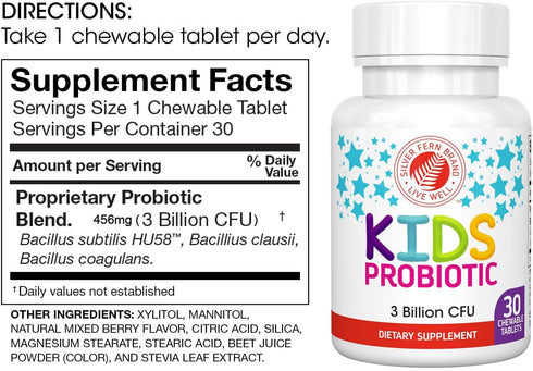 Silver Fern Brand Kids Ultimate Probiotic, 2 Bottles, 30 Chewable Tablets Each, Sugar & Gluten Free