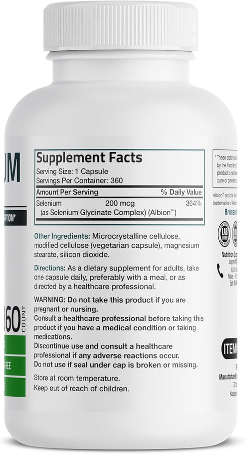 Bronson Selenium 200 mcg – Yeast Free Chelated Amino Acid Complex - Essential Trace Mineral with Superior Absorption, 360 Vegetarian Capsules