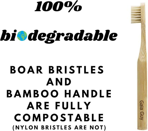 Gaia Guy Natural Bristle Bamboo Toothbrush for Kids, Compostable & Biodegradable, 6-Pack