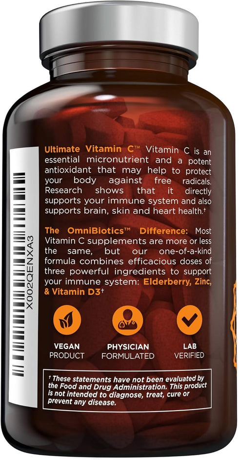 OmniBiotics Ultimate Vitamin C 2000 mg with Zinc, Elderberry, & Vitamin D3, 120 Vegan Tablets