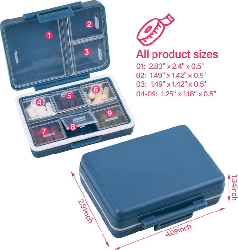 Teikou 9-Grid Pill Organizer,Portable Pill Box,Large Capacity Compartments,Travel Pill Container,Medicine