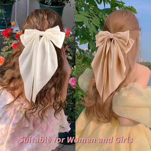 VELSCRUN Hair Bows for Women - 3Pcs Big Hair Clips in White, Black, Brown - Silky Satin Hair Barrettes for Long Hair