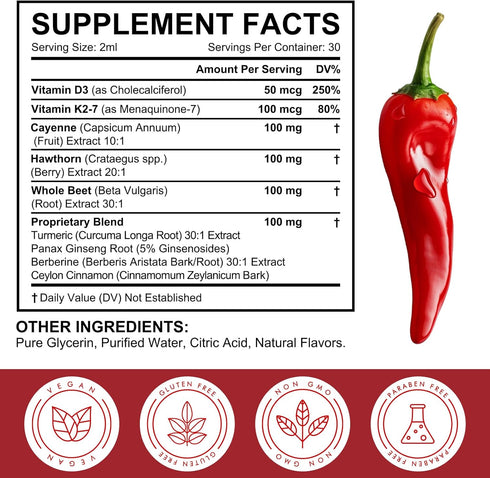 Vceeoy Root(30:1),Vitamin K2 D3, 10:1-100mg, 2 Oz Cayenne Pepper Drops, Cayenne Pepper Supplement Liquid