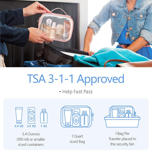 PACKISM TSA Approved Toiletry Bag, 3 Pack Clear Makeup Bags with Handle for Travel Essentials, Quart-sized Rose Pink