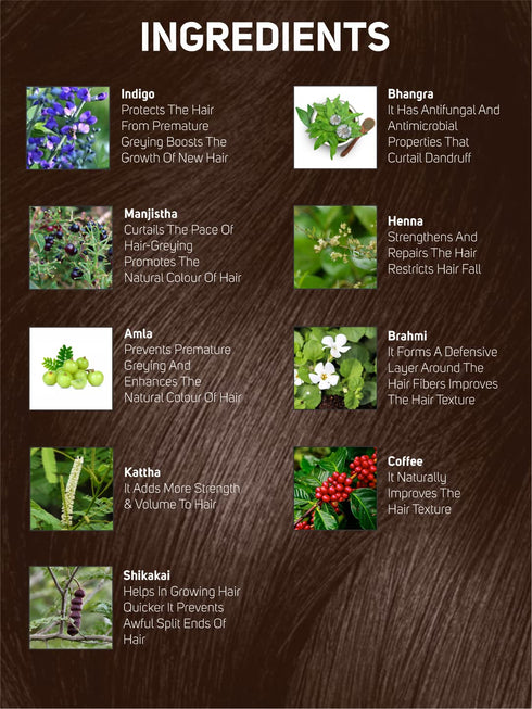 Vegetal Safe Hair Color - Dark Brown 50gm Certified Organic Chemical Free Hair Color for Men and Women