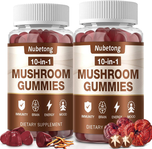 Nubetong Mushroom Gummies - 10x Mushroom Supplement for Adults with Lion's Mane, Reishi,
