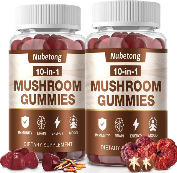 Nubetong Mushroom Gummies - 10x Mushroom Supplement for Adults with Lion's Mane, Reishi,