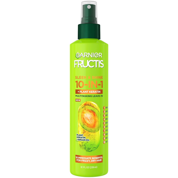 Garnier Fructis 10-in-1 Sleek & Shine for Frizzy, Dry Hair, Plant Keratin, 8.1 Fl Oz