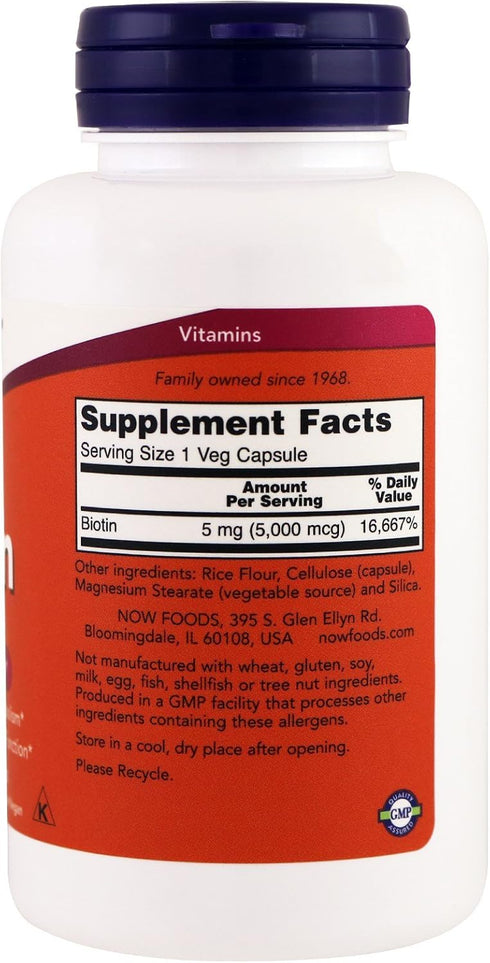 NOW Biotin 5,000 mcg, 120 VCaps, Pack of 2 Bottles