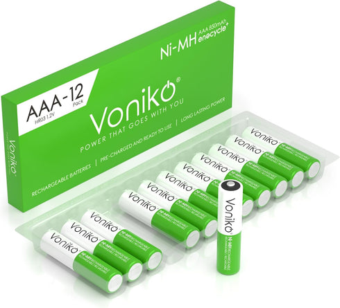 Voniko Rechargeable AAA NiMH Batteries 12 Pack, Ultra Long Lasting 850mAh, Pre-Charged (1.2V)