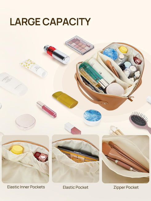 Telena Large Capacity Makeup Bag, Portable PU Leather Water Resistant Cosmetic Organizer for Women with Handle and
