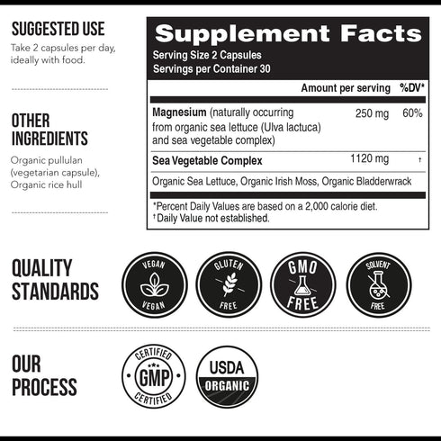 Organic Magnesium | Whole Food Magnesium - Plant-Based, 250 mg per Serving | Gentle on Stomach | 60 Capsules