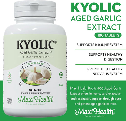 Maxi Health Kyolic Organic Garlic Supplement, Vegetarian Tablets for Immune Support (180 Count)