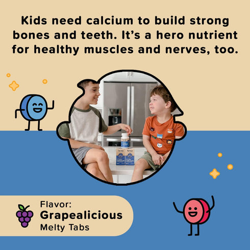 Renzo's Hercules Calcium Supplement with Vitamin D3 & K2 - Dissolvable - for Ages 2+ - Kids Vitamins - 60 Grape-Flavored Melty Tabs