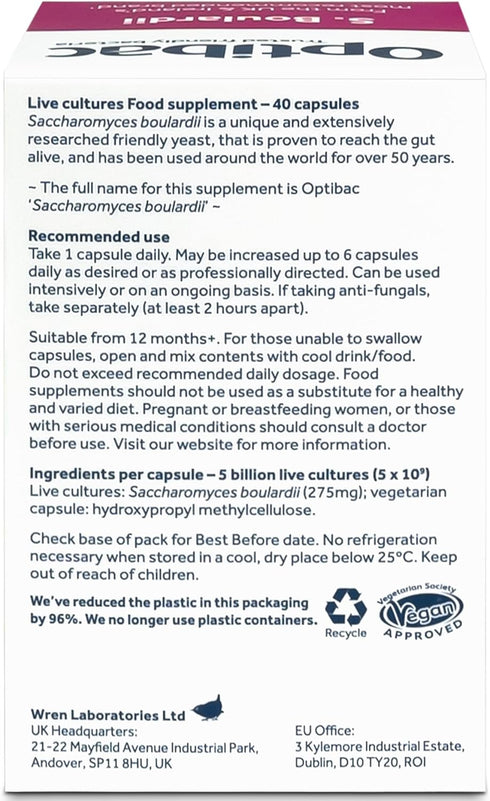 Optibac Probiotics Saccharomyces Boulardii, Vegan Digestive Probiotic Supplement, 5 Billion CFU, 40 Capsules
