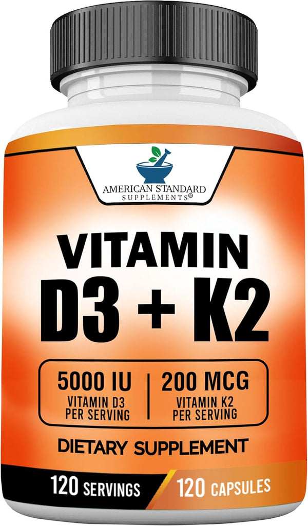 American Standard Supplements Vitamin D3 5000 IU (125mcg) Plus K2 (MK7) 200mcg, 120 Capsules, Gluten Free