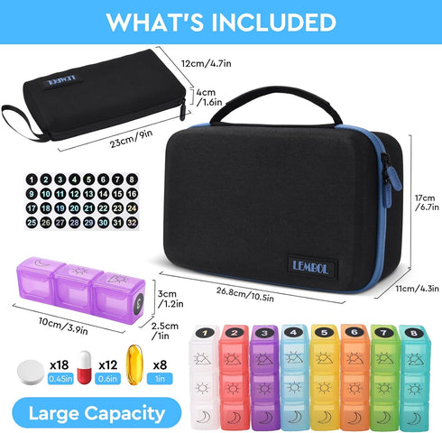 LEMBOL 3X 7-Day 32 Compartments,30 Monthly Pill Organizer a Day with Portable Travel Medicine Organizing Bag,Large Pill