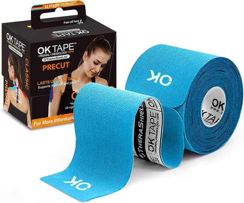 OK TAPE Kinesiology Tape, 10 inches Precut, 20 Strips, Light Blue, Cotton Elastic, Latex Free