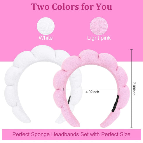 2 PCS Puffy Spa Headband for Women Sponge Headbands for Girls Terry Towel Cloth Fabric Head Band for Skincare,Makeup Removal,Face Washing,Facial Mask,Shower,Hair Accessories White&Light Pink