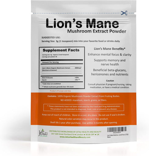 Immune (227g) Jetsu Lions Mane Mushroom Powder, Organic, Vegan, Non-GMO Extract Supplement. Nootropic to Support Brain