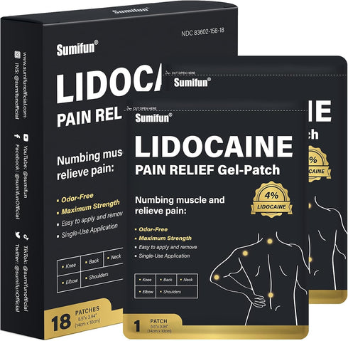 Sumifun 4% Lidocaine Patches, 18 Count, Long Lasting for Knee, Shoulder, Muscle, Joints, FSA or HSA Eligible