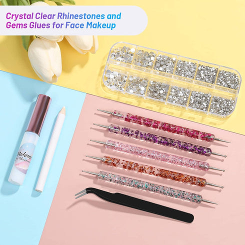 SFX Makeup Face Glue with 3600Pcs Flatback Eye Gems, Rhinestone Crystal, Tweezers, and Skin Adhesive for Cosplay