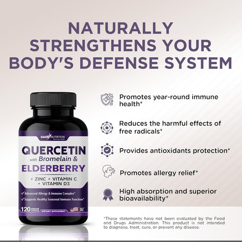 Quercetin with Vitamin C and Zinc - Elderberry, Quercetin 500mg, Quercetin with Bromelain, Zinc Quercetin, Vitamin D3 -