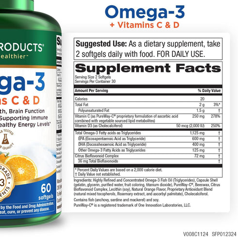Omega-3 60 Purity Products - Plus Vitamin C & D, softgels