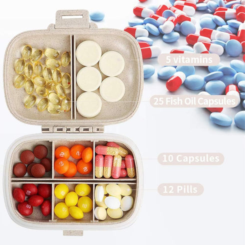 Travel Pill Organizer, Portable 8 Compartments Small Pill Case Daily Pill Box to Hold Vitamins, Cod Liver Oil, Medicine