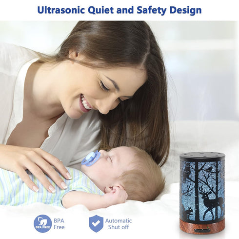 EQUSUPRO Essential Oil Diffuser 150ml, Metal Aromatherapy Ultrasonic Cool Mist Diffuser with Auto Shut-Off, 7 Color LED
